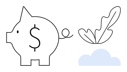 Piggy bank with dollar sign, abstract leaf, and small cloud. Ideal for finance, investment, growth, nature, economy savings sustainability. Simple line art clear contours abstract line flat