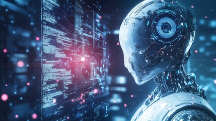 Fototapeta premium Humanoid Robot Profile Facing Digital Code Interface