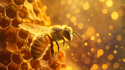 A honeybee gracefully navigates a stunning honeycomb filled with cosmic colors. the hexagons create a rich backdrop that highlights the intricate beauty of nature. Cosmic Insects. Illustration