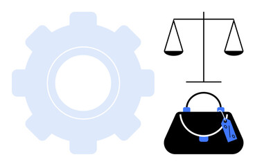 Gear symbolizing industry, scales representing justice, and handbag indicating commerce. Ideal for legal, business, fairness, industry, balance consumer rights judicial system. Clean flat abstract