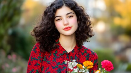 Naklejka premium Beautiful Woman with Curly Hair Holding Flowers