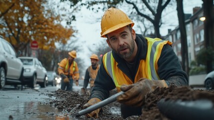 Utility worker repairing pipes, urban street, rainy day, construction site, stock photo