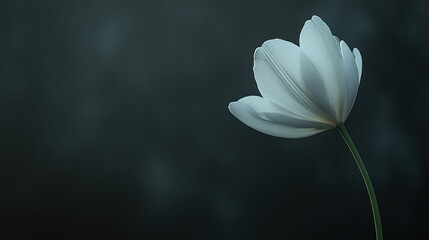 Obraz premium A solitary white tulip bathed in soft, ethereal light, standing against a pitch-black background