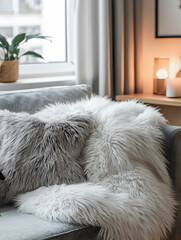 Obraz premium A photo of a furry gray and white sweater on a couch in a living room