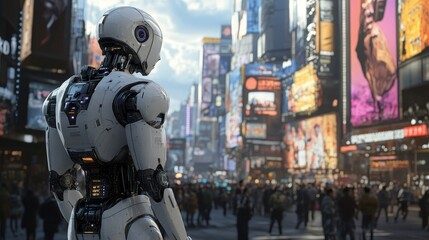 Fototapeta premium Robot explores bustling urban landscape filled with bright advertisements and diverse crowds in a modern city setting