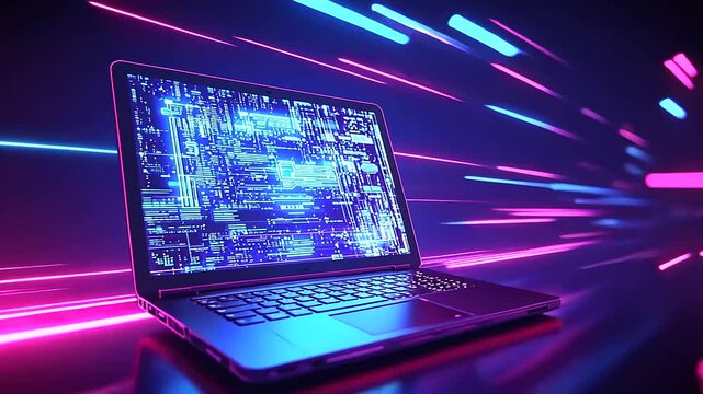 A cutting-edge laptop displays a holographic interface amidst a neon-lit cyberpunk backdrop.