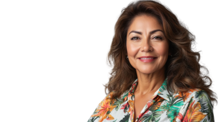 Smiling mature hispanic woman posing on transparent background