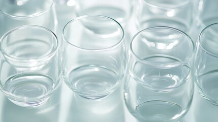 Neatly arranged empty glasses on a table, symbolizing simplicity and order in dining.