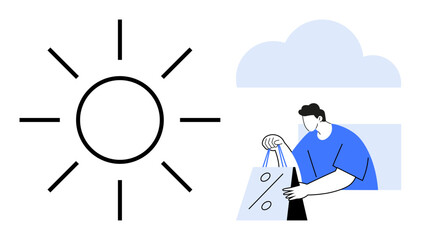 Sun with rays next to a person holding a discount shopping bag under a cloud. Ideal for sales, promotions, summer campaigns, online marketing, retail, seasonal discounts, weather forecasts. Line