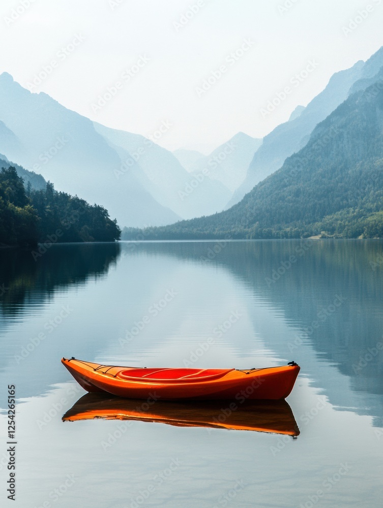 Poster solitary kayak floating on a calm mountain lake surrounded by serene mountain landscapes at dawn. ge