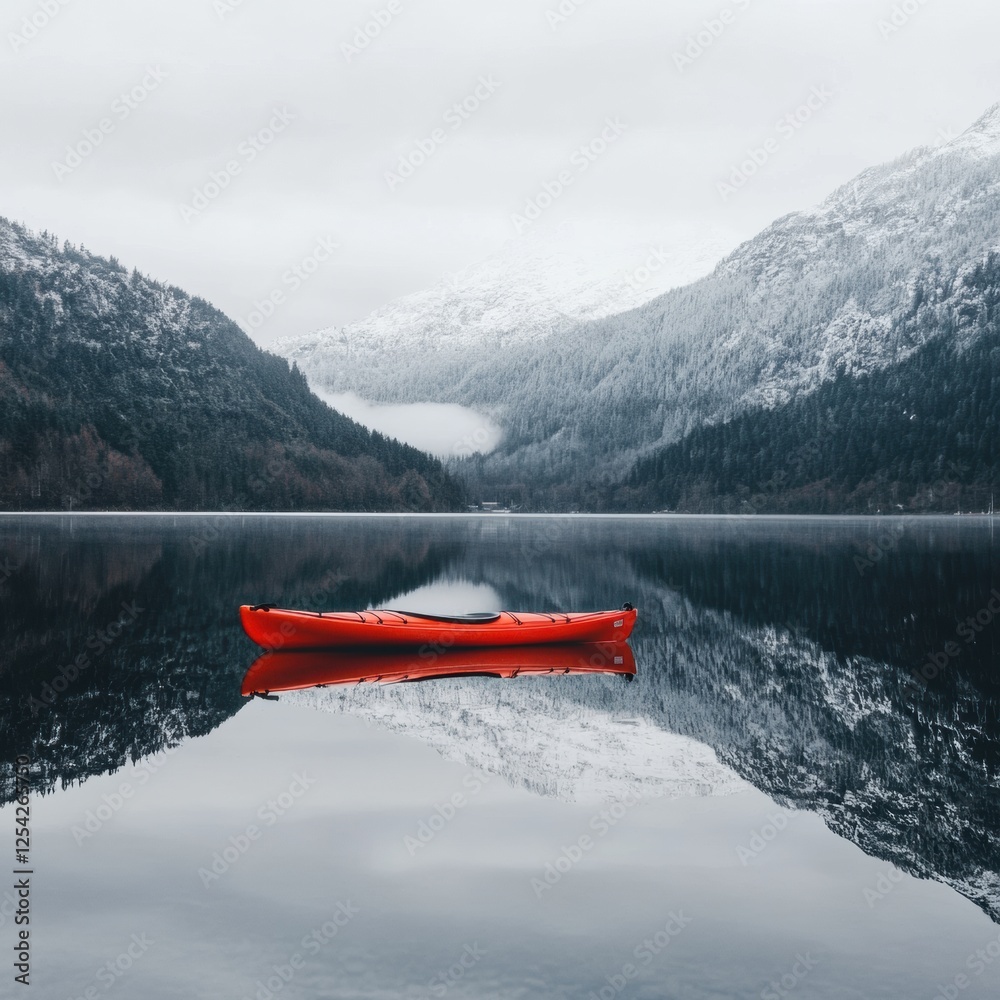 Aufkleber lone red kayak drifting on a calm mountain lake surrounded by snow capped peaks at dawn. generative 