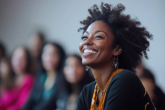 Question, black woman and smile in seminar, speaker and audience in event, training and presentation in boardroom. Workshop, happy and advise for business in conference, entrepreneur and masterclass