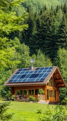 Obraz premium Solar-powered home among trees, highlighting eco-friendly living in a serene setting