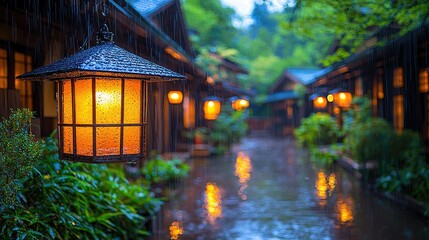Rain drenched lantern illuminates a tranquil Japanese alleyway