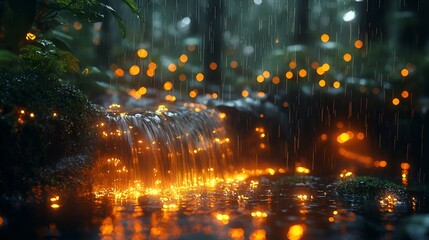 Magical rainforest waterfall, fireflies, rain. Background use fantasy, nature