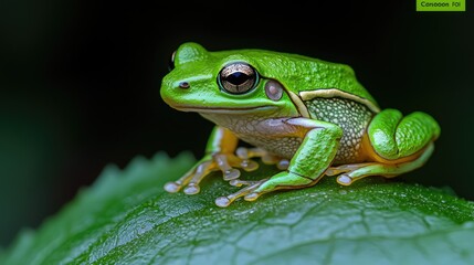 Naklejka premium Close-up bright green frog on leaf, dark background, nature photo, wildlife, detailed