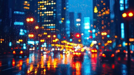 Obraz premium Rainy Night Cityscape Viewed Through Wet Window