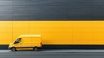Yellow van parked beside a yellow and black building