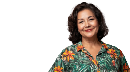 Smiling senior woman wearing colorful shirt on transparent background