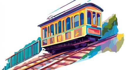 Obraz premium Colorful cable car on tracks with vibrant scenery.