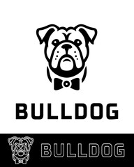 A stylish bulldog logo featuring a detailed bulldog face with a bow tie in a minimalist black-and-white design