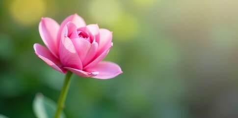 Fototapeta premium Soft pink petals unfurl on slender green stem, nature, petal unfold,