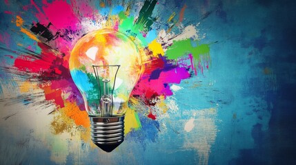 Colorful Paint Explosion from Light Bulb, Symbolizing Creative Energy and Innovation