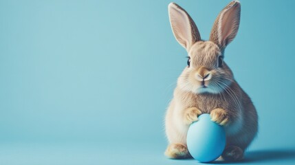 Obraz premium Cute rabbit with a blue egg on a pastel background.