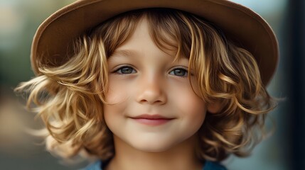 Naklejka premium Adorable Child with Curly Blonde Hair Wearing Brown Hat