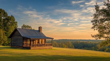 Obraz premium Small wooden log cabin in a grassy field surrounded by trees and nature in a tranquil rural landscape