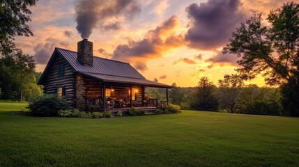Obraz premium Small wooden log cabin in a grassy field surrounded by trees and nature in a tranquil rural landscape