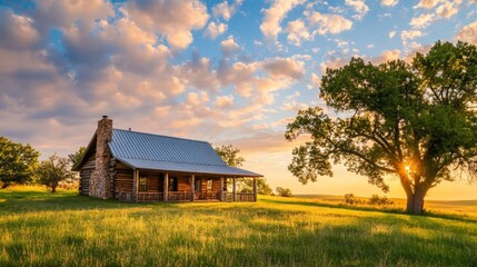 Fototapeta premium Small wooden log cabin in a grassy field surrounded by trees and nature in a tranquil rural landscape