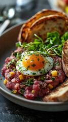 Gourmet plate of beef tartare finely chopped and topped with quail egg yolk and garnished with microgreens, served alongside toasted sourdough slices.