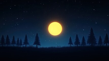 A serene night scene featuring a bright full moon illuminating a tranquil forest landscape