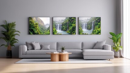 Modern living room with waterfall triptych; serene background