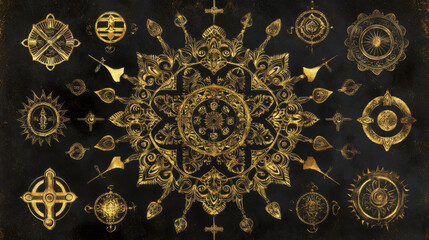 Intricate golden religious symbols arranged in a circular mandala pattern on a black background, representing world faiths, spirituality, and divine connection  


