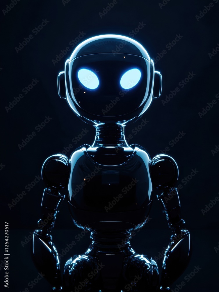 Poster minimalist glowing humanoid robot stands in dark space, showcasing futuristic design and smooth cont