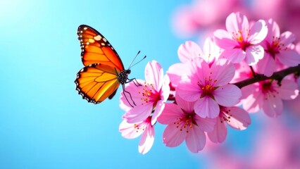 Butterfly on Sakura tree flower. Close-up of pink cherry blossom in spring. Delicate spring illustration