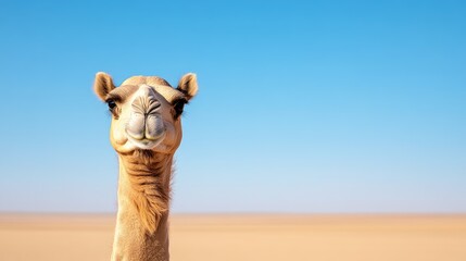 A close-up of a smiling camel in a vast desert landscape under a clear blue sky