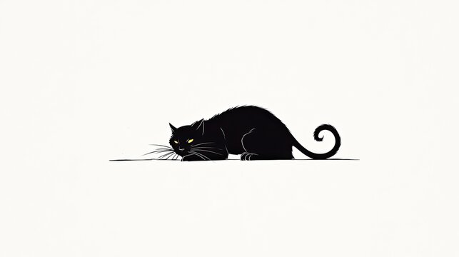 Black cat stealthily prowling on a white background, showcasing its hunting instincts