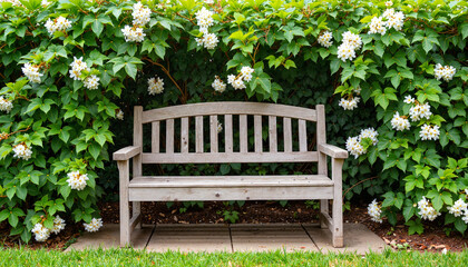Wooden bench surrounded by lush green foliage and white flowers