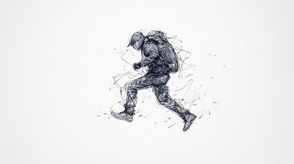 A dynamic sketch of a person in motion with a backpack, set against a minimalist background
