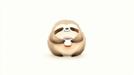 Cute cartoon sloth holding a coffee cup, set against a minimalist white background, inviting relaxation