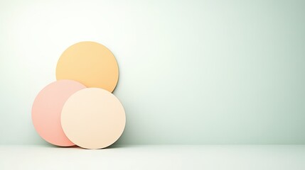 Fototapeta premium Abstract composition of three pastel circles against a soft green wall, minimalist design concept