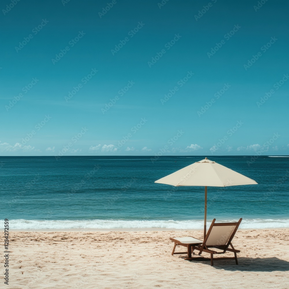 Poster minimalistic beach lounge chair with umbrella under a clear blue sky and calm ocean waves at midday.