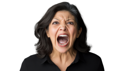 Angry senior hispanic woman shouting with transparent background