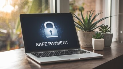 Safe payment concept displayed on a laptop screen with plants nearby