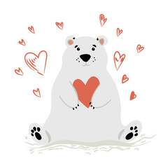 Cute cartoon vector polar bear holding heart, valentine card