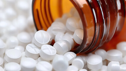 White pills spilling from brown bottle on surface