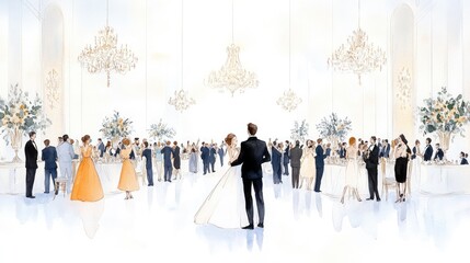 Elegant wedding reception with guests mingling, chandeliers illuminating the scene